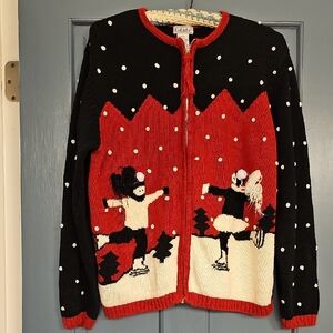 VINTAGE Gallagher Sweater Skating Women Large Red Black Ugly Winter Zipper 1990s